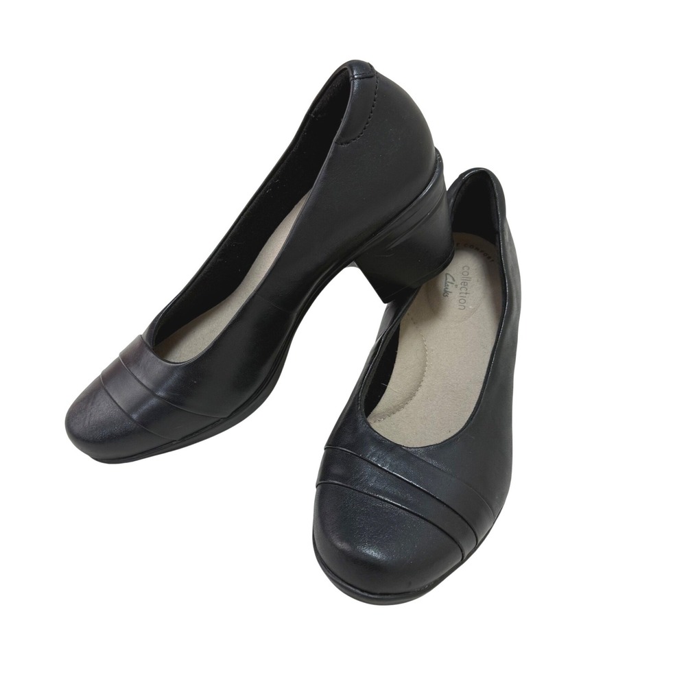 Clarks Collection Pumps 6M Black Leather Pleated Block Heel Ultimate Comfort